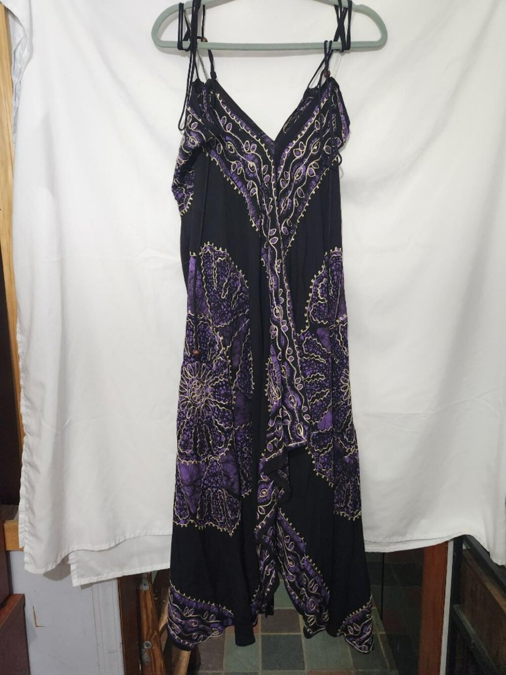 💜 Black Purple Floral Halter Maxi Dress Boho Festival Handkerchief Hem OS